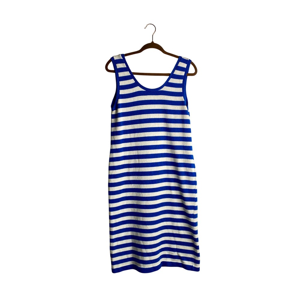 Vintage Neiman Marcus 80s 90s Knit Striped Tank Midi Dress Blue White Nautical